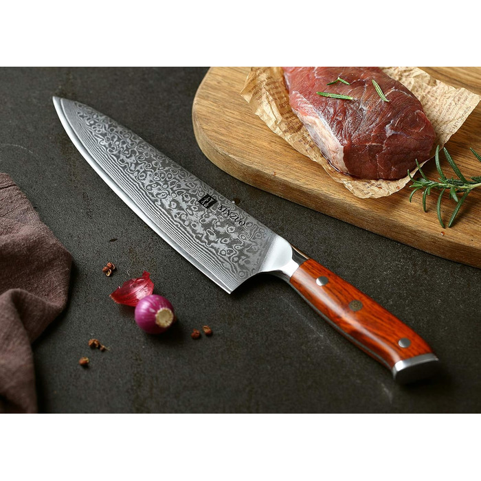 XINZUO 21cm Damascus Chef's Knife - 67 Layer Damascus Steel Gyuto Knife for Meat, Fish & Vegetables - Professional Handcrafted Kitchen Knife with Ergonomic Rosewood Handle