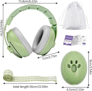 Навушники для захисту слуху дитини 0-4 роки, 2-в-1, шумопоглинання 24dB, захист вух для дітей, новонароджені, регульоване наголов'я, активний відпочинок для сім'ї (зелений)