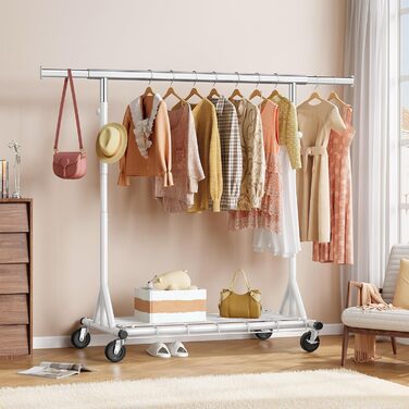 Стійка для одягу на колесах FAVOOOSTY, металева, мобільна, до 200 кг, швидка збірка, білий колір, 1 перекладина