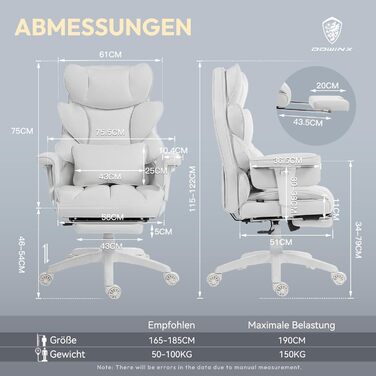 Ігровий крісло Dowinx, ергономічний офісний крісло з кишеньковим пружинним подушкою, крісло для керівника з двошаровою м'якою спинкою та регульованою поперековою подушкою, підлокітниками та підставкою для ніг, комп'ютерне крісло (Білий, тканина)