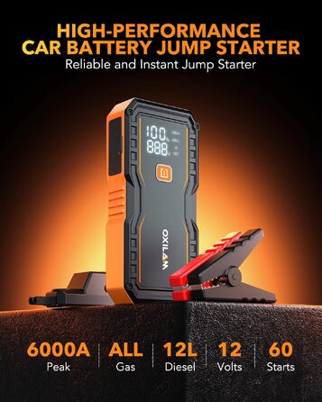 Бустер для автомобіля OXILAM 6000A, портативний пусковий пристрій для акумуляторів 12В, UltraSafe літієвий jump starter з пусковими кабелями, LED-дисплеєм та ліхтариком, помаранчевий