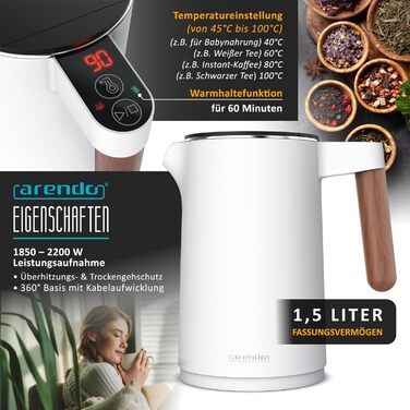 Набір Arendo: чайник з регулюванням температури та тостер на 4 тости з підігрівом - нержавіюча сталь, білий матовий