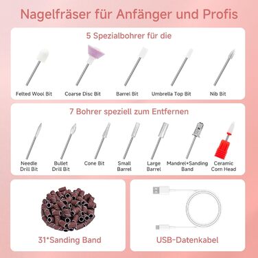 Електрична фрезер для нігтів 12 в 1 - Набір для манікюру з 5 швидкостями, 20000 об/хв, для гелю, акрилу та натуральних нігтів (білий)