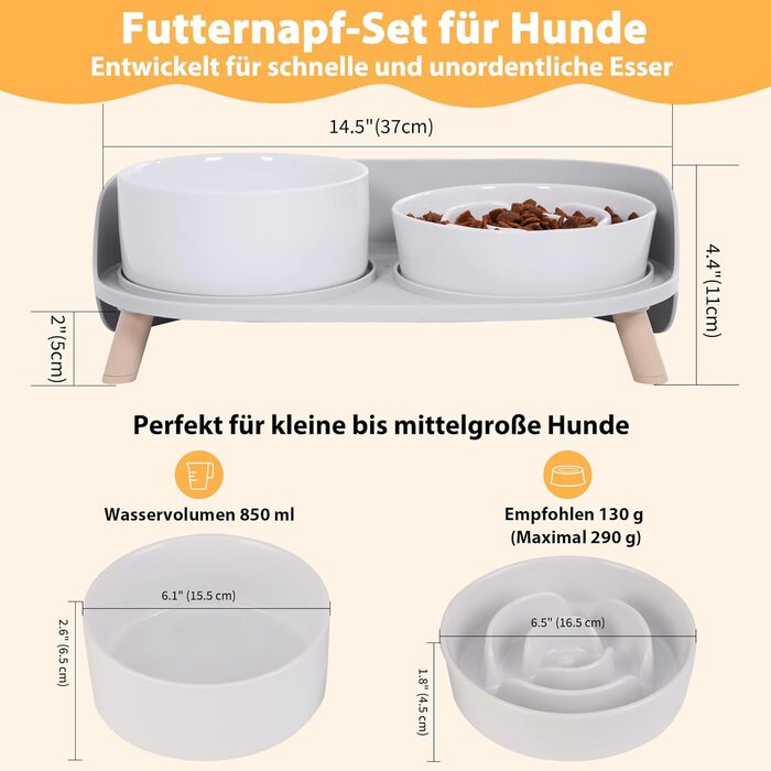 Набір мисок для собак з кераміки, піднятий на платформі: миска для повільного годування, набір з двох мисок для маленьких та середніх собак, годівниця та поїлка з антиковзним підставкою, колір - білий