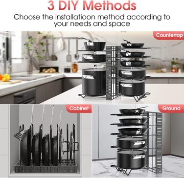 G-TING Pot Rack, 8 Tiers, Pot and Pan Organizer, Adjustable Lid Holders & Pan Rack for Kitchen, Countertop and Cabinet, Lid Organizer for Pots
