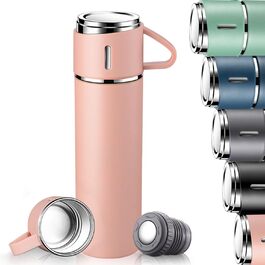 Stainless Steel Thermos Flask with Cup and Handle - 500ml Insulated Travel Mug, Leak-Proof, Double-Walled, Vacuum Insulated, Keeps Hot/Cold for 12 Hours - for Kids, Sports, Travel (Black, Pink)