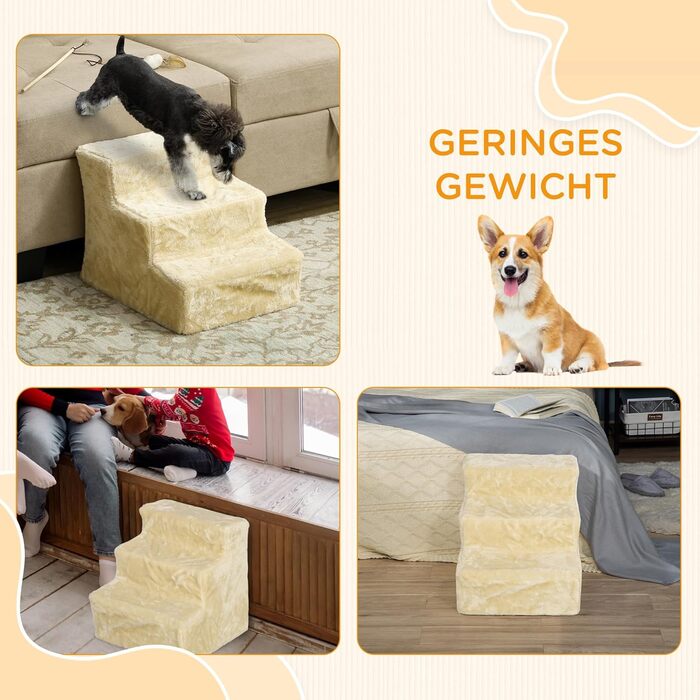 PawHut 4-Step Dog Stairs, 35 cm Cat Stairs for Bed and Sofa, Pet Stairs for Dogs and Cats up to 5 kg, Plush Appearance (46L x 35W x 35H cm, Beige)