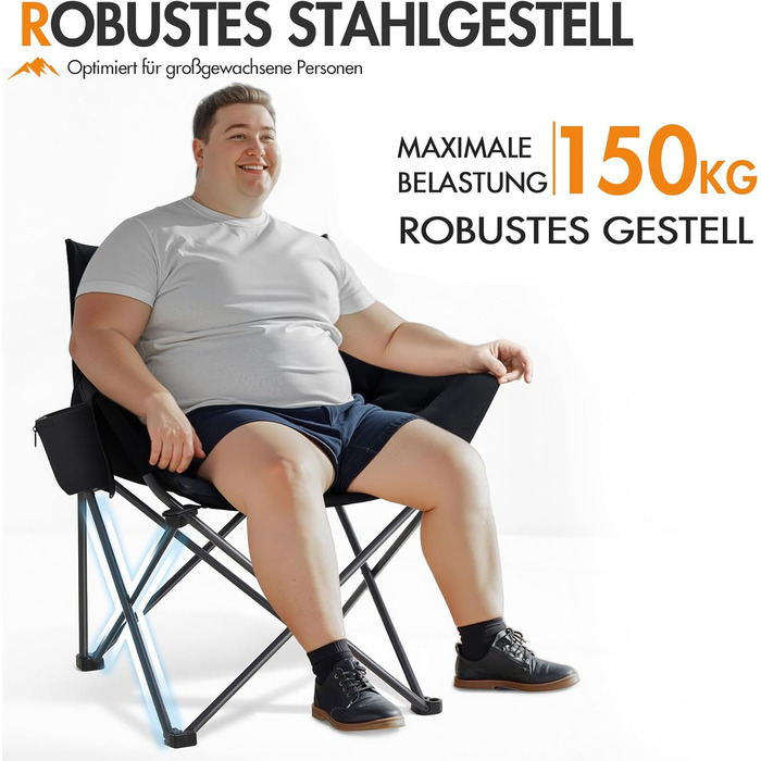 Крісло для кемпінгу складне, XXL, чорне, 150 кг, з підлокітниками, м'яке, для відпочинку на природі