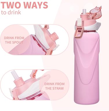 1 liter / 1l Drinking Bottle Glass with Straw BPA-Free Glass Bottle with Silicone Sleeve Borosilicate Glass Water Bottle (Pastel Pink)