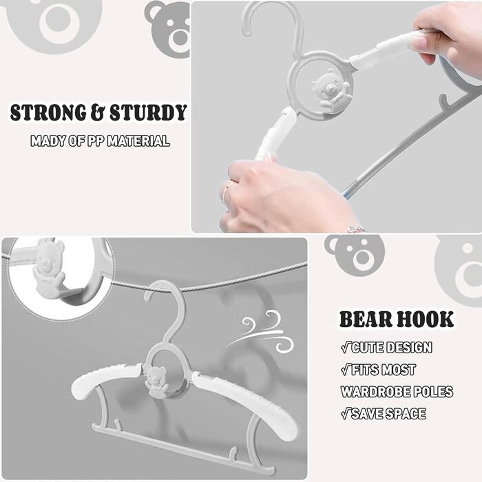 Вішалки для дитячого одягу HGYZE, 20 шт., 29-37 см, з підвішуванням для штанів, пластикові, стакові, регульовані, сірі та білі