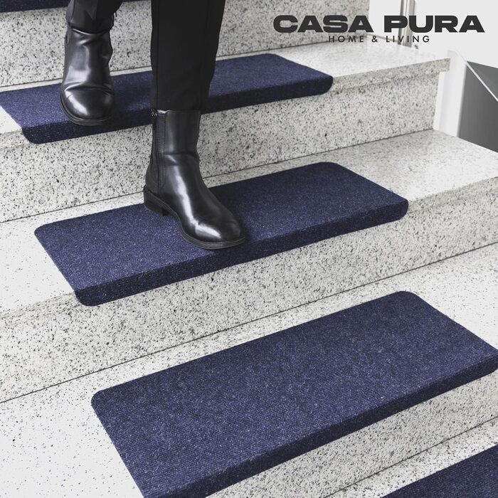 Casa Pura Stair Treads - 15 Piece Non-Slip Carpet Set for Indoor Stairs - Blue, Half-Round Design