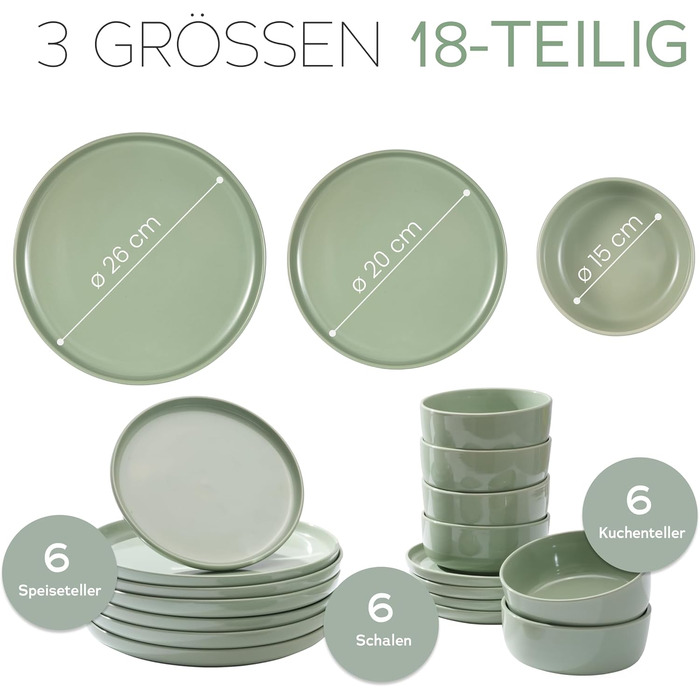 Набір посуду Feinsteinzeug на 6 осіб (18 предметів) — міцний, стійкий до подряпин, бежевий глянцевий | Столовий посуд, тарілки, миски — Magnetiks (Misty Mint, 18 предметів)