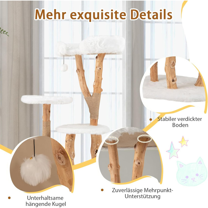 Дерев'яний кігтеточка для котів SOARS з 3-ма природними стовбурами, ліжко для котів та плюшеві поверхні, кігтеточка з іграшковим м'ячиком та джутовим мотузком, багатоповерхова, 59 x 49 x 110 см, білий колір