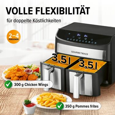 Аерофритюрниця GOURMETmaxx з двома камерами 2×3,5 л, нержавіюча сталь, 2400 Вт, сенсорний дисплей, таймер, 10 програм, енергоощадна, чорна