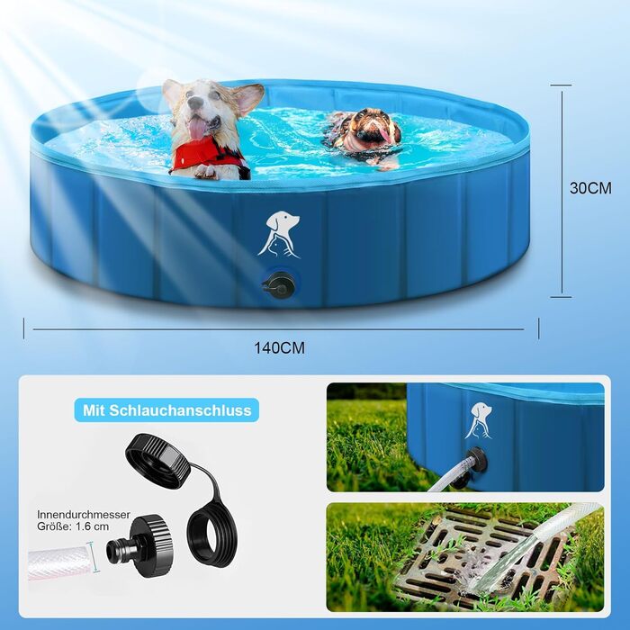 Dog Pool for Large & Small Dogs, Foldable Dog Splash Pool 160 * 30CM Dog Bathtub Stable Swimming Pool Pet Child Swimming Pool Non-Slip Portable Blue (140CM)