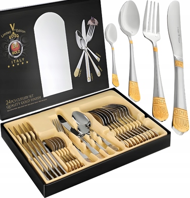 Золотий набір столових приборів у грецькому стилі, 24 предмети, обідній сервіз на 6 осіб у подарунковій коробці