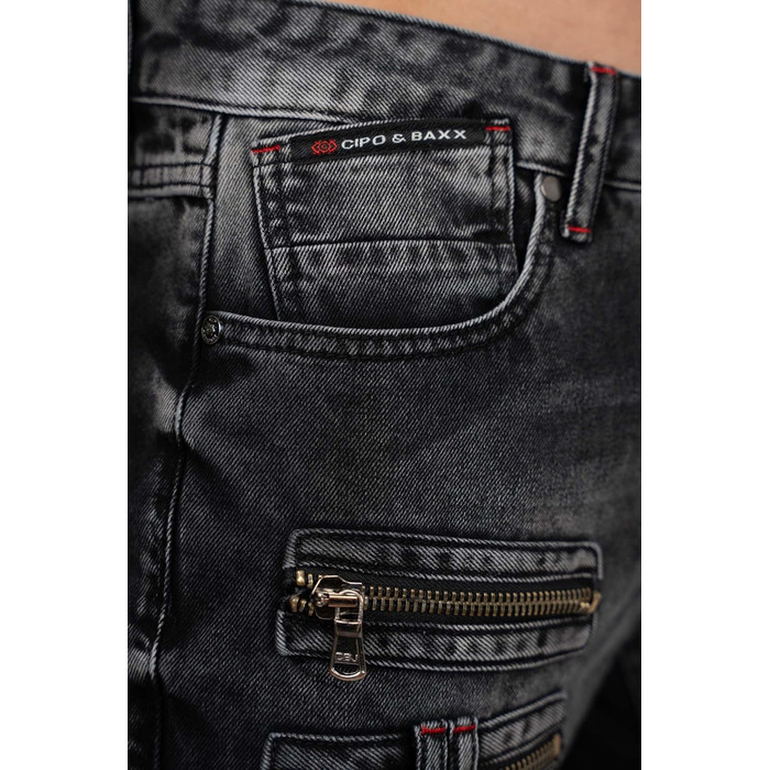 Чоловічі джинси Cipo & Baxx в стилі байкер – Regular Fit або Slim Fit | Чорний денім з потертостями, декоративними швами, блискавками та кишенями | Стильні повсякденні джинси з деніму (31W / 32L)