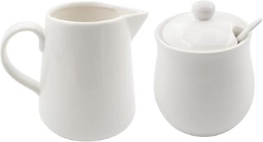 Cream-colored ceramic set for cream and sugar, coffee service, sugar bowl with lid and spoon, cream pitcher, creamer