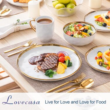 Порцеляновий сервіз LOVECASA Apollo SWEET на 4 особи, білий з золотим обідком, набір посуду на 16 предметів (обідні та десертні тарілки, миски, чашки)