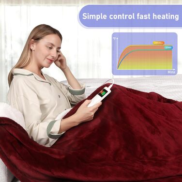 Електрична ковдра Qieryun з автовимкненням, 130x180 см, 10 режимів нагріву, таймер 8 годин, захист від перегріву, флісова ковдра, пральна машина, для дому та офісу (червона, 150 x 180 см)