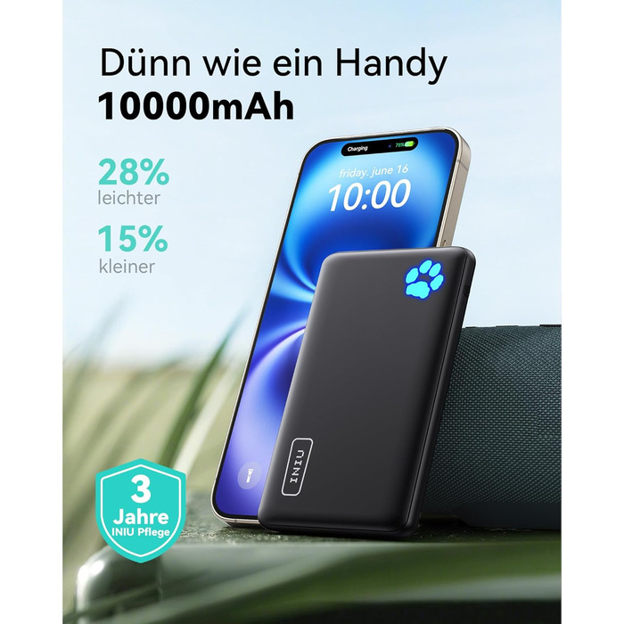 Power Bank INIU 10000mAh, ультратонкий, USB C, 3A, ліхтарик, сумісний з iPhone, Samsung, Huawei, чорний