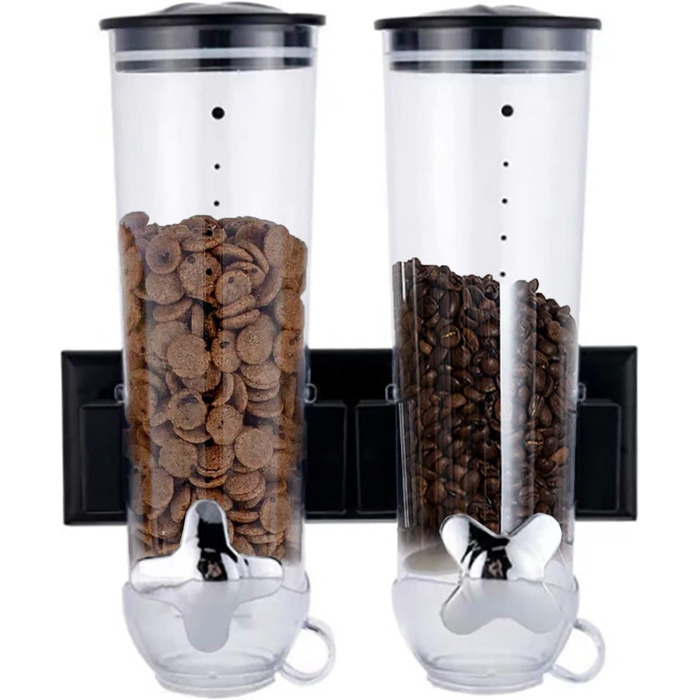 Futchoy Muesli Dispenser Double 3L Wall Mount Cereal Dispenser Corn Flakes Dispenser for Muesli, Corn Flakes, Cereals, Sweets, 29 x 15 x 30 cm (Black)