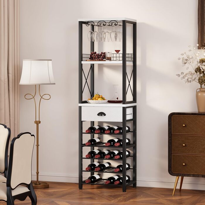 Homeiju Wine Rack, Freestanding Floor, Bar Cabinets for Liqueurs and Glasses, 4-Tier Bar Cabinet with Tabletop, Glass Holders, Storage Drawer, and Wine Storage for Living Room, Kitchen, (Vintage)