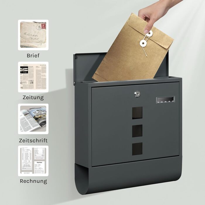 Поштовий ящик WOLTU з газетницею та оглядовим вікном, антрацит, 37x37x10.5 см. Закривається на ключ, з табличкою для імені.