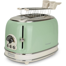 Тостер Ariete Vintage 155, 2-слайсовий, ретро, 6 режимів, автоматичний викид, розморожування, зйомний піддон, нержавіюча сталь, щипці для сендвічів, 810 Вт, зелений