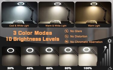 Лупа Jubor 2-в-1 з підсвічуванням та підставкою, 15x/10x, LED, з кріпленням та основою, настільна лампа, 3 режими, регулювання яскравості, для хобі, ремонту, DIY, чорна