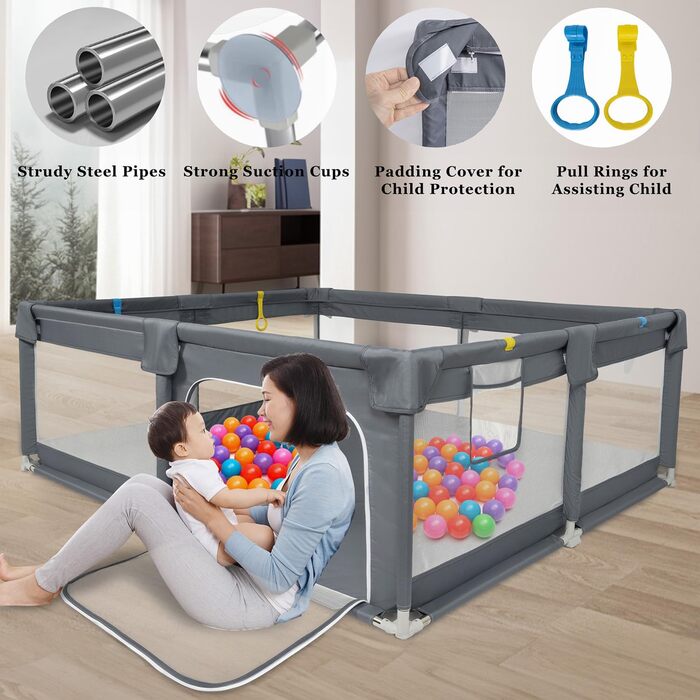Дитячий манеж IBVIVIC 120x120 см, темно-сірий, з дихаючою сіткою та нековзною основою, огорожа для немовлят і малюків, 300D оксфордська тканина