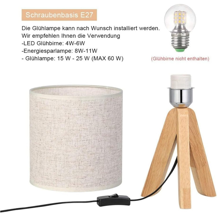 Настільна лампа LIANTRAL 2 шт., Сучасна лампа на ніжці, з абажуром з льону та дерев'яним каркасом, E27, для спальні, вітальні, гуртожитку, кремового кольору