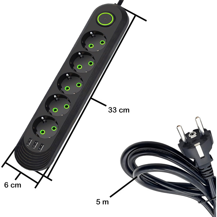 Мережева стрічка Retoo з 3 USB, 5 розеток, вимикачем та 5м кабелем, захист від перенапруги 2500W/10A, з вилками, для смартфонів, ноутбуків, дому, кухні
