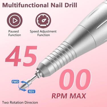 Професійний портативний фрезер для нігтів 45000 об/хв з LCD-дисплеєм - для акрилу та гелю, 11 насадок, рожевий/білий