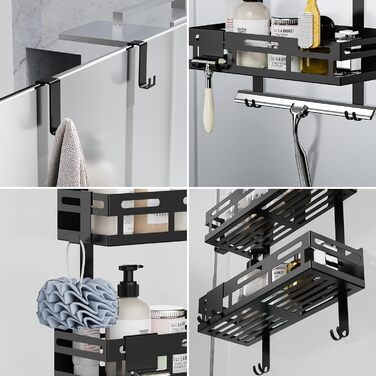 Reading Tour Shower Shelf 0n Drilling Black, Hanging Shower Shelf for Glass Shower Doors, Hanging Shower Shelf with 2 Shower Baskets, 4 Fixed Hooks, 1 Glass Wiper Hook, and 2 Movable Hooks Equipped