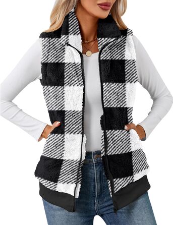 Жіноча жилетка з м'якого флісу IECCP: тепла, без рукавів, для осені та зими. Стильна жилетка-тедді з візерунком у клітинку чорно-білого кольору. Розмір M