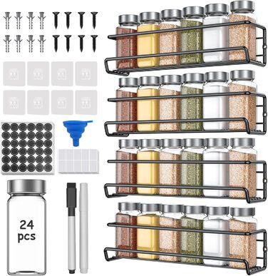 Спеція органайзер з 24 скляними баночками та етикетками, без свердління, настінний, підходить для стін та шаф, комплект з 4 шт.
