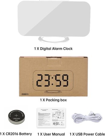 Цифровий годинник SZELAM з LED-дзеркалом 7 дюймів, 2 USB-порти, функція відкладання, автоматичне регулювання яскравості, для дому (білий)