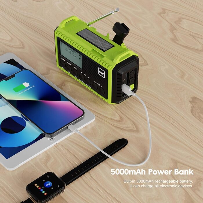 Радіоприймач Kurbelradio з DAB+/DAB/UKW, акумулятор 5000mAh, ліхтарик, SOS-сигнал, зарядка USB, динамо, FM, для кемпінгу та подорожей