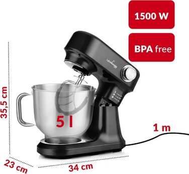 Кухонний комбайн-міксер LEHMANN з набором аксесуарів, 1500 Вт, 12 швидкостей, чаша 5 л, захист від перегріву, планетарний міксер з 3 насадками та захистом від бризок, чорний