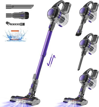 Бездротовий пилосос 40000Pa з потужним безщітковим мотором 450W, HEPA-фільтр x2, контейнер 1.6L, антизаплутувальна щітка для шерсті тварин, килимів та твердих підлог, час роботи 50 хв