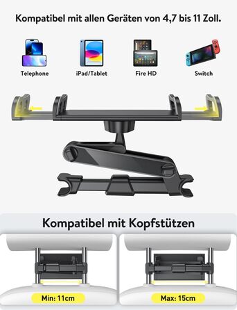 Тримач для планшету TRYONE в авто - кріплення на підголівник, висувний, для iPad, iPhone, Samsung Galaxy Tab, Kindle Fire HD, Switch, 4.7-11 дюймів, чорний