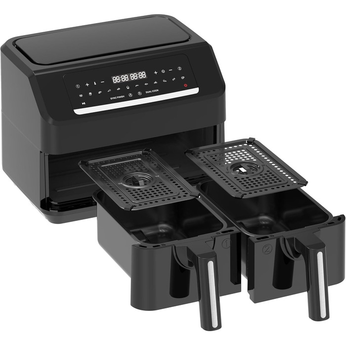 Електрична аерофритюрниця Emerio Digital Doppel 7,2 л (2×3,6 л), 12 програм, без BPA, синхронне завершення, фритюрниця без олії