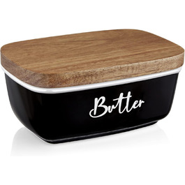 ALELION Butter Dish, large ceramic butter dish with lid for countertop, vintage butter holder with wooden lid, for home, kitchen decoration, butter container holds two butters, black