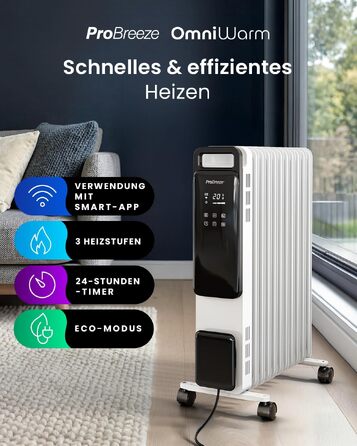 Розумний електричний масляний радіатор Pro Breeze 2500W, 11 секцій, з керуванням через Wi-Fi/App, термостатом, таймером на 24г та сенсорним дисплеєм, білий
