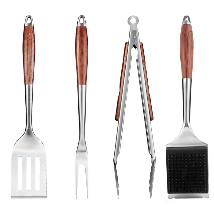 Набір аксесуарів для гриля FJNATINH з нержавіючої сталі з дерев'яною ручкою, 4-х частинний комплект: щипці, лопатка, щітка з нержавіючої сталі та виделка. Практичний відкривач для пляшок – ідеально для гриля та як подарунок. Набір гриль-інструментів 4 шт.