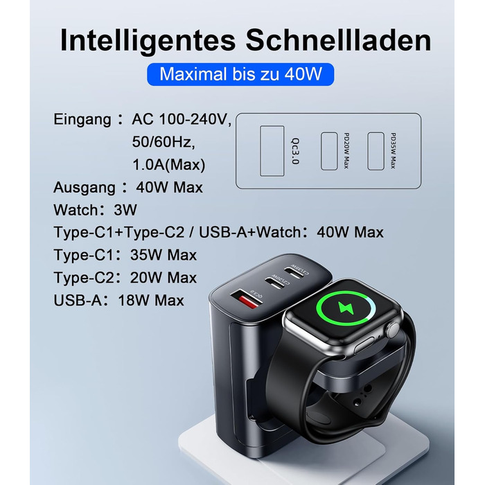 Зарядний пристрій 4-в-1 для Apple Watch та iPhone: 40W USB-C, швидка зарядка PD, сумісний з Apple Watch 10/9/8/7/6/Ultra/SE, iPhone 17/16/15 Pro Max, iPad, AirPods (білий)