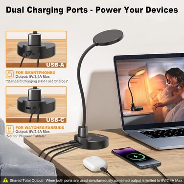 LED лампа для столу 15W з USB-A та USB-C – диммування, 3 колірні температури, 5 рівнів яскравості, 4 таймери, гнусий 360° «лебединий» шийка, захист для очей, настільна лампа для офісу та спальні (Чорний, 4,7 дюйми)