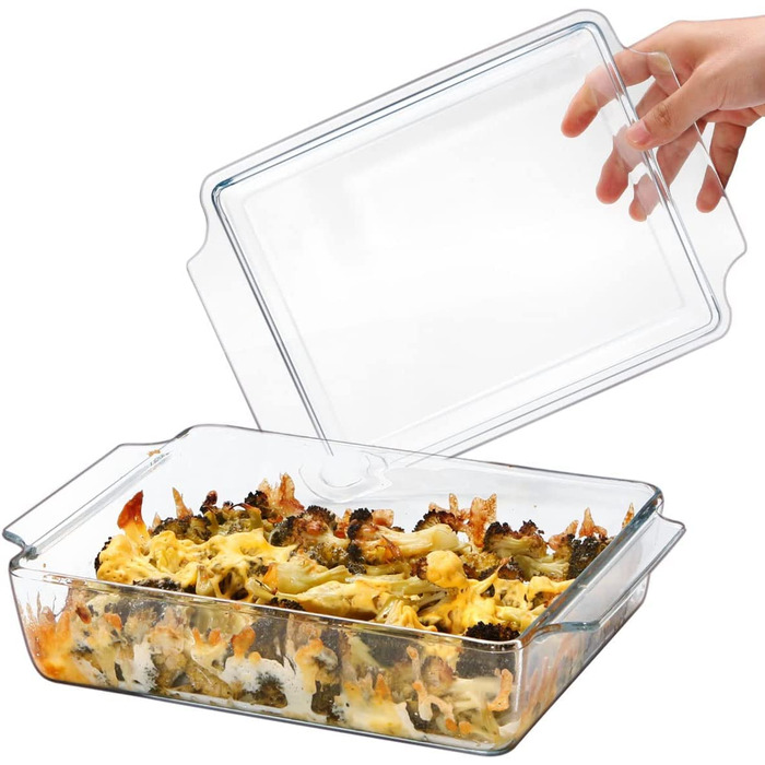 Прямокутна форма для запікання з кришкою, 2L, 24x20x6 см, скляна форма для лазаньї на 2 порції, для мікрохвильової печі та духовки