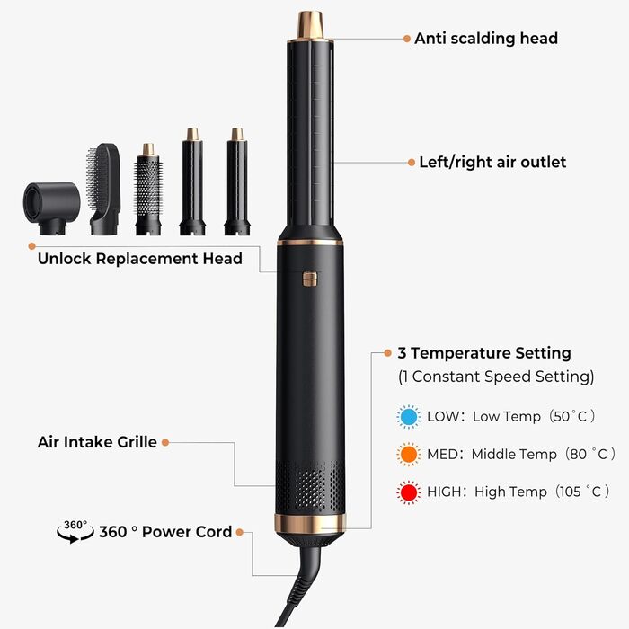 6-в-1 Стайлер для волосся 1000W з насадками, фен-щітка, плойка для локонів, сушка та укладка волосся, Braun